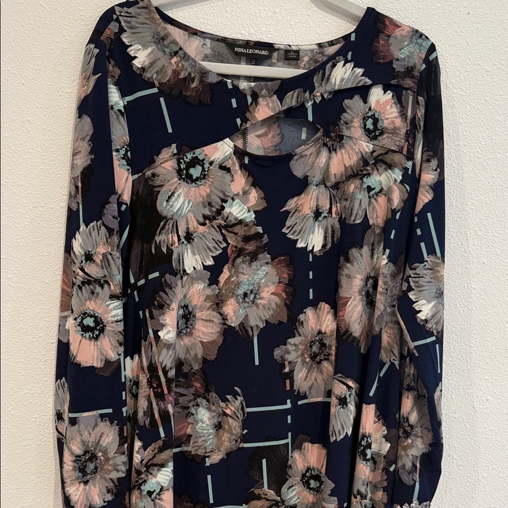 Nina Leonard Navy Floral Cutout Long-Sleeve Dress